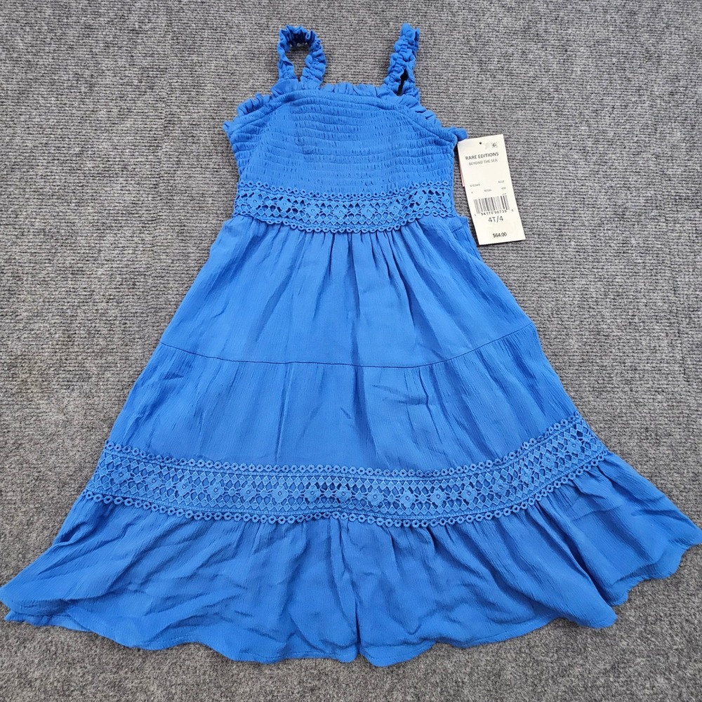 Rare Editions Dress Girls 4T Blue Smocked Tiered Crochet Beyond The Sea